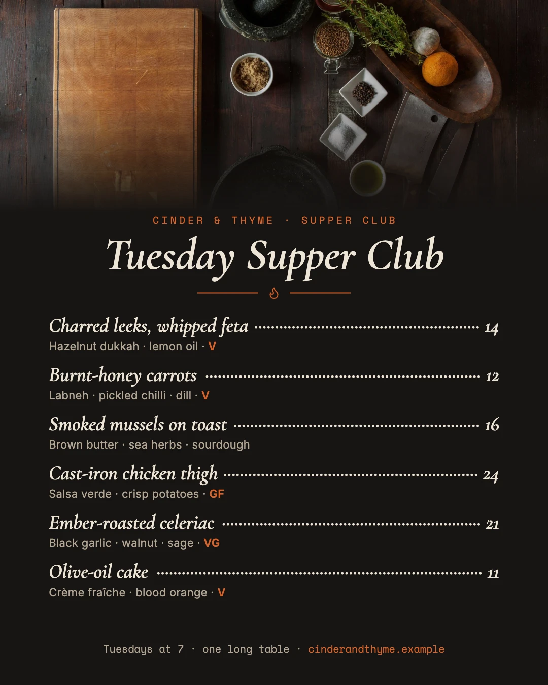 Cinder & Thyme menu post