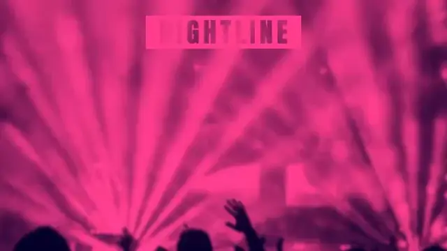 An animated festival teaser: magenta duotone stage shots, then the headliner's letters fly in